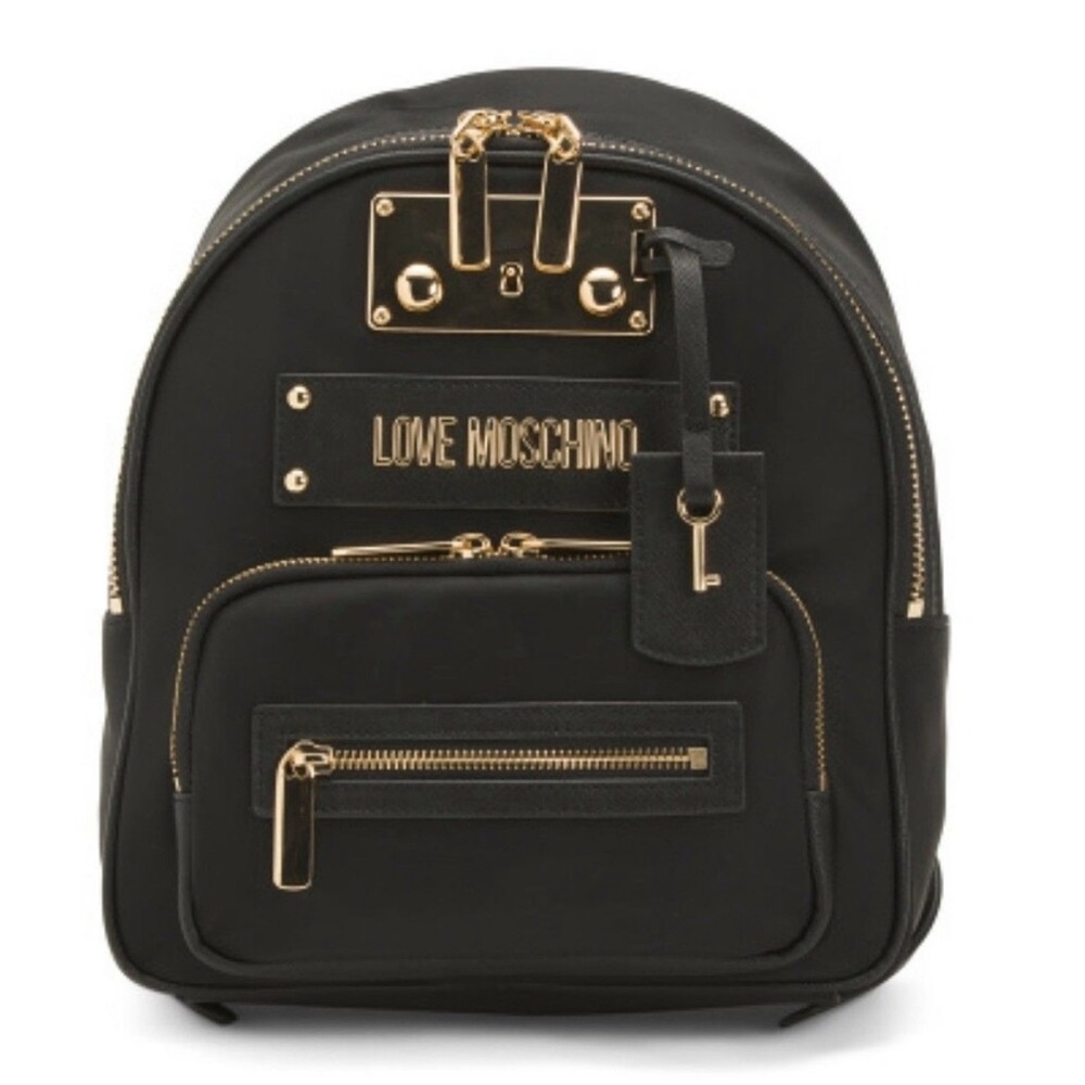 Love Moschino Black and Gold Nylon Small Backpack key hangtag